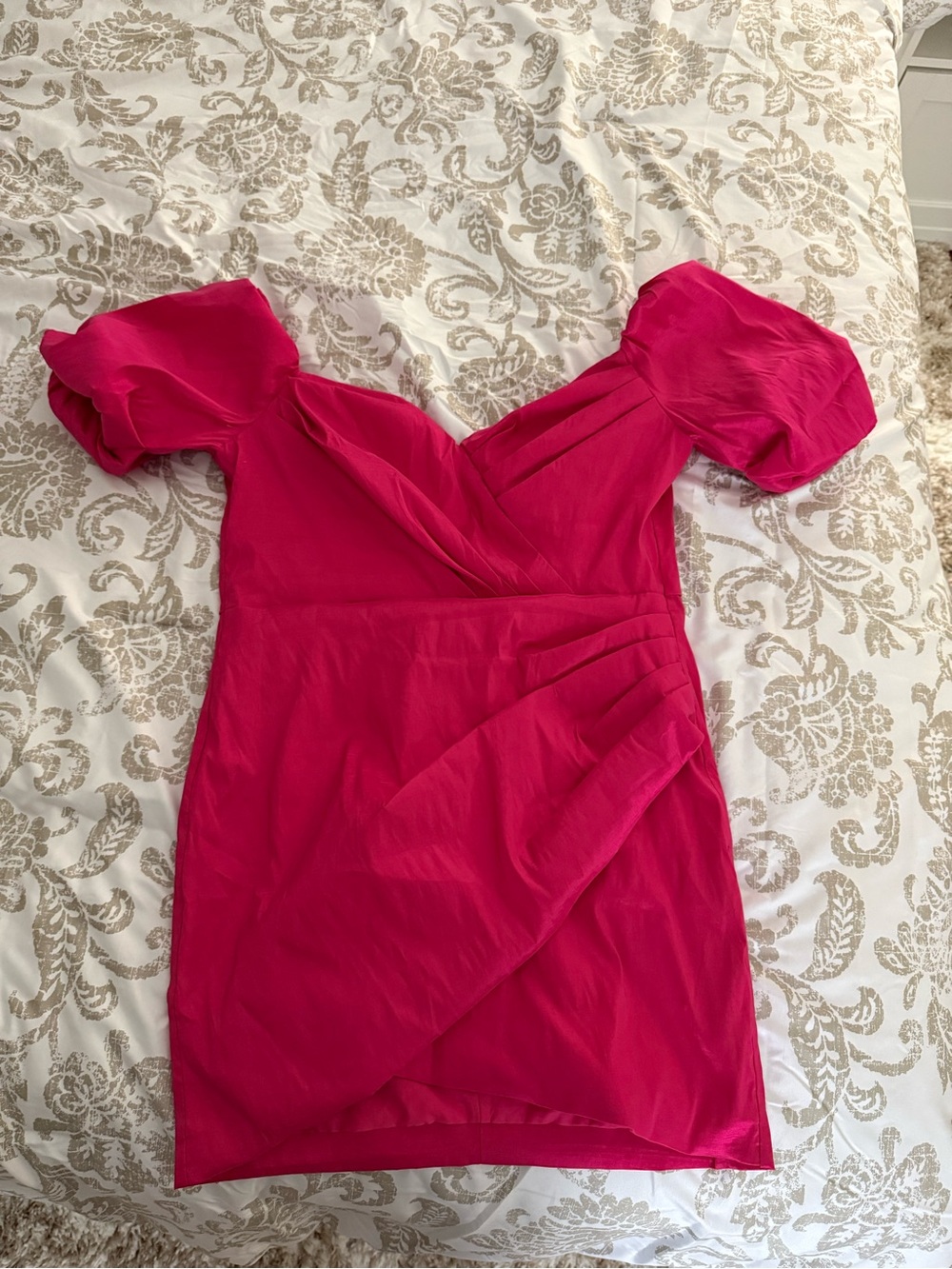 Lulu's Vibrant Hot Pink Puff Sleeve Wrap Mini Dress